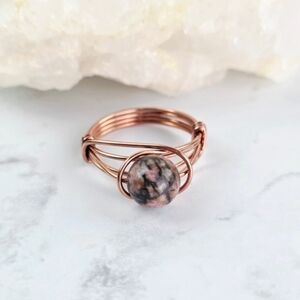 Rhodonite Ring Copper Wire Wrapped Crystal Stone Bead Pink Black Women Size 6.5